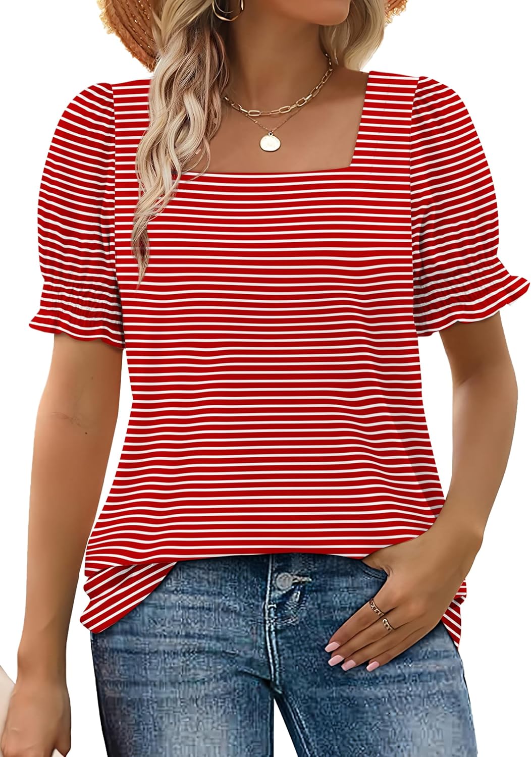 Women's Square Neck Smocked Sleeve Casual Tops (Buy 3 Free Shipping)