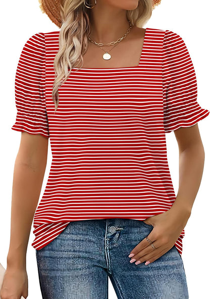 Women's Square Neck Smocked Sleeve Casual Tops (Buy 3 Free Shipping)