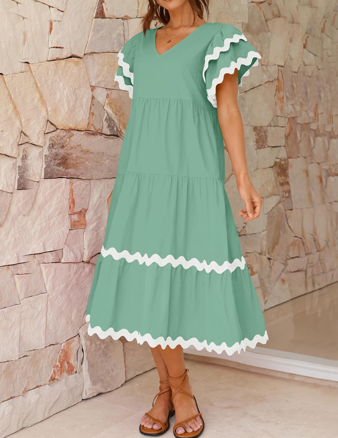 Women's V Neck Flutter Short Sleeve Tiered Long Dress (Buy 2 Free Shipping)