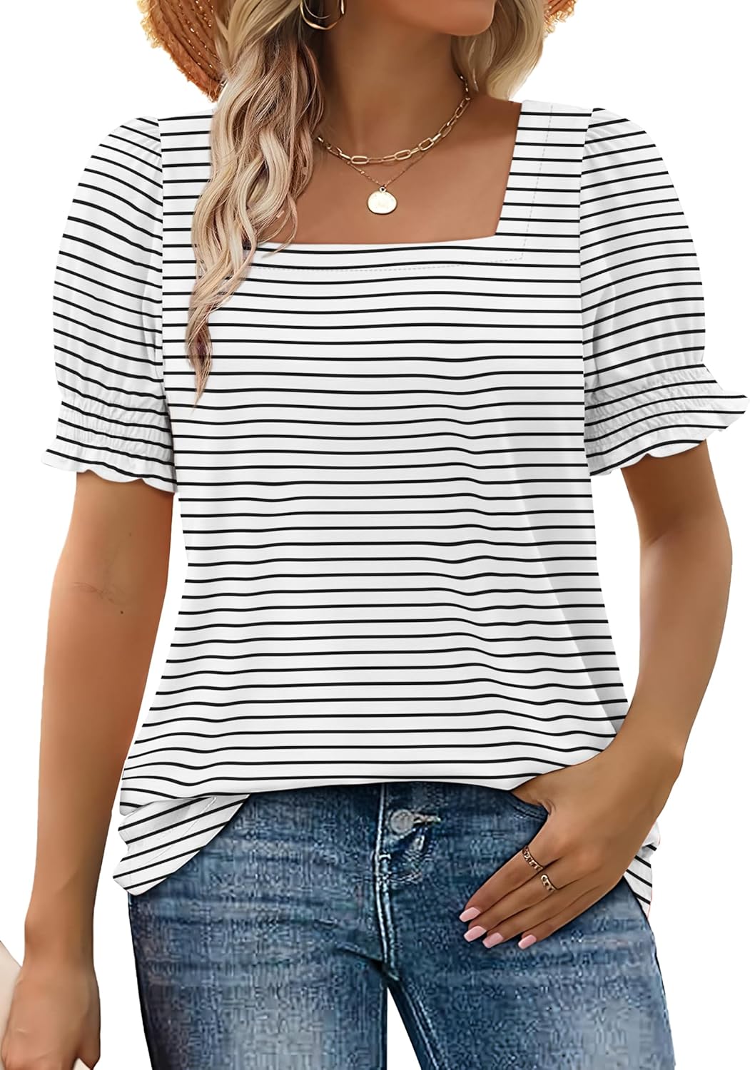 Women's Square Neck Smocked Sleeve Casual Tops (Buy 3 Free Shipping)