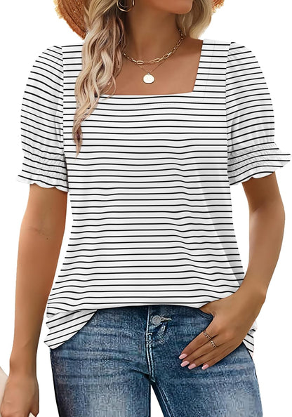 Women's Square Neck Smocked Sleeve Casual Tops (Buy 3 Free Shipping)