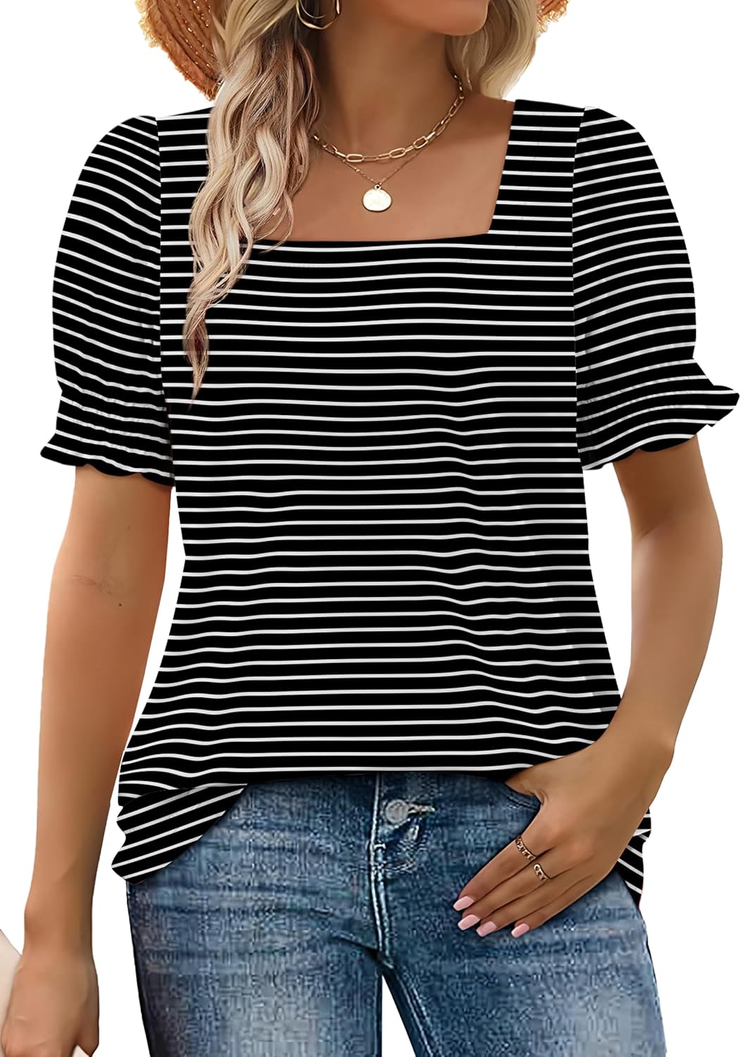 Women's Square Neck Smocked Sleeve Casual Tops (Buy 3 Free Shipping)