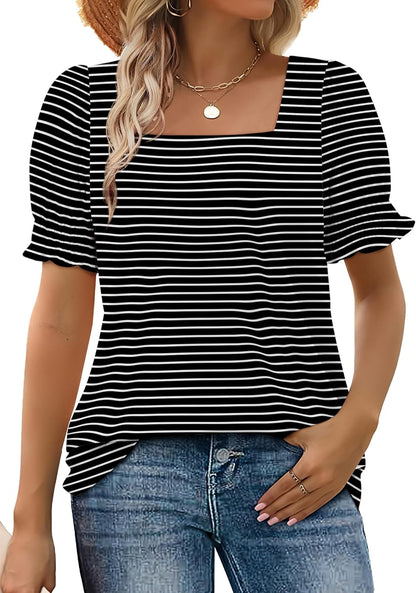 Women's Square Neck Smocked Sleeve Casual Tops (Buy 3 Free Shipping)