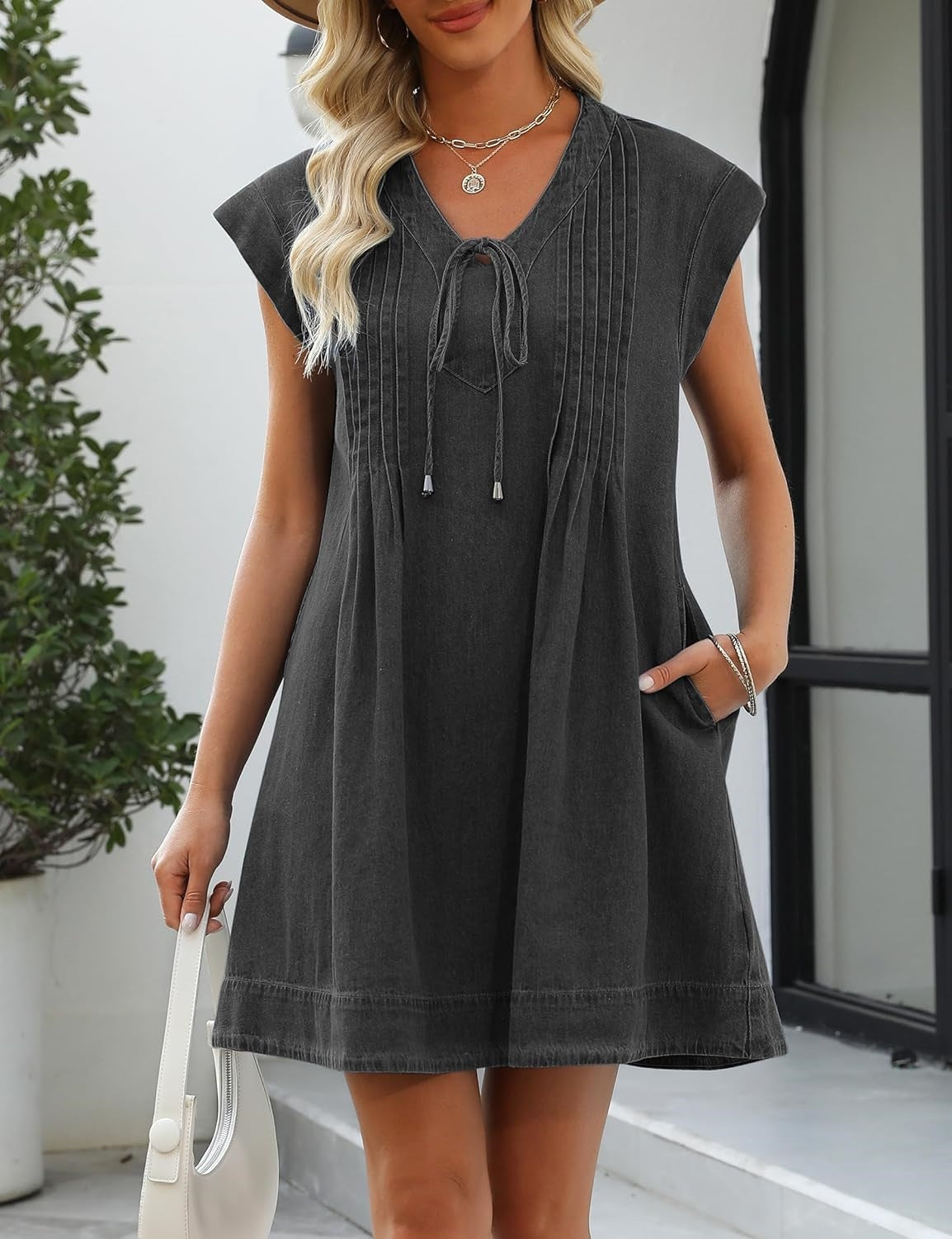 Women's V-neck Pleated Denim Dress with Pockets (Buy 2 Free Shipping)