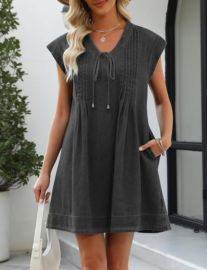 Women's V-neck Pleated Denim Dress with Pockets (Buy 2 Free Shipping)