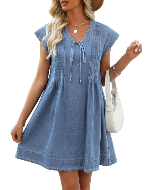 Women's V-neck Pleated Denim Dress with Pockets (Buy 2 Free Shipping)