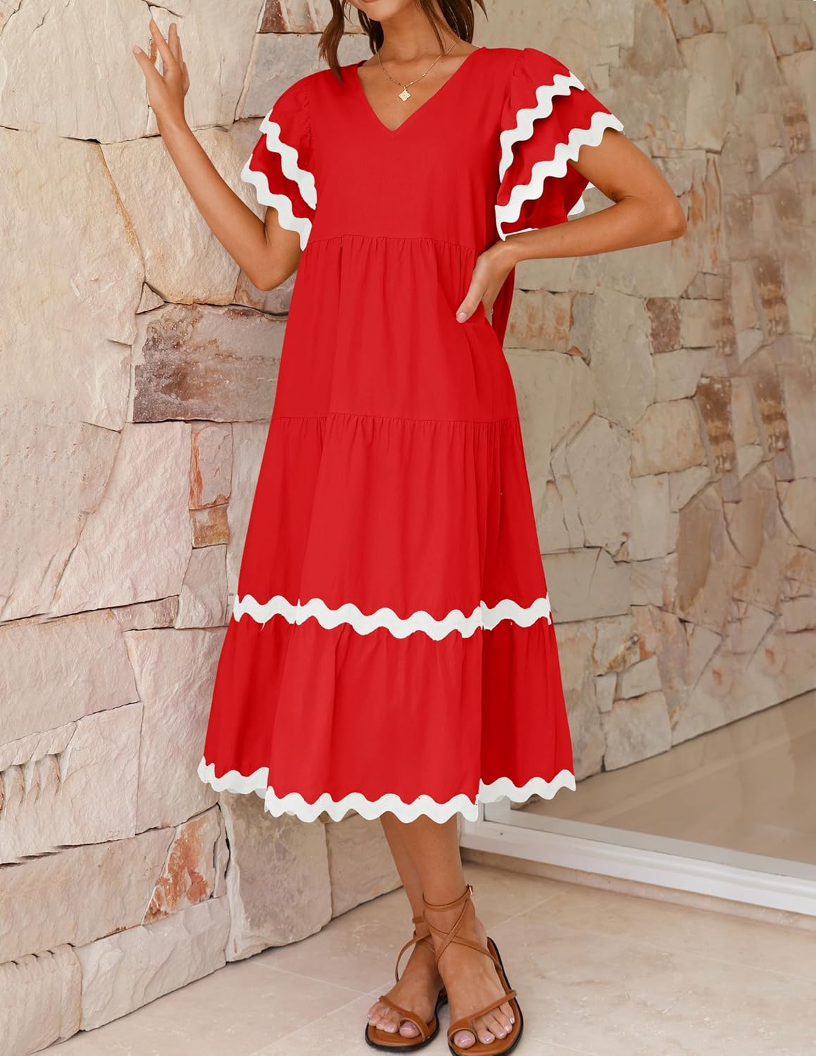 Women's V Neck Flutter Short Sleeve Tiered Long Dress (Buy 2 Free Shipping)
