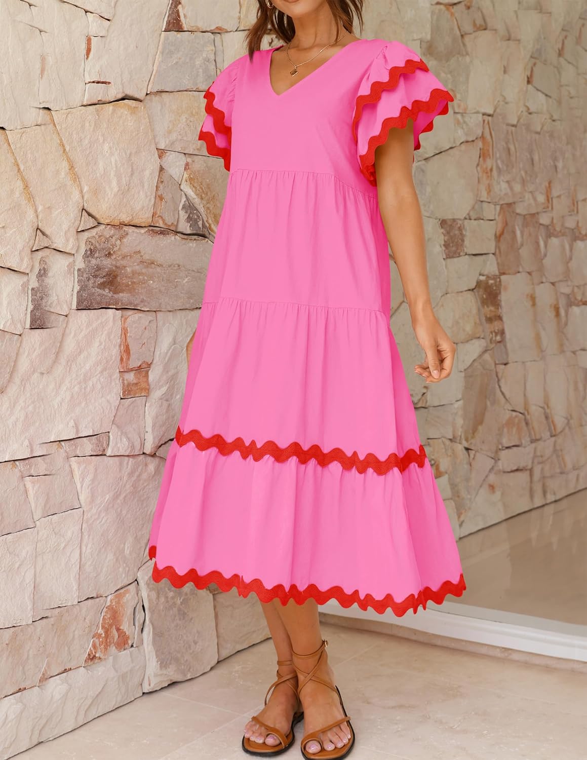Women's V Neck Flutter Short Sleeve Tiered Long Dress (Buy 2 Free Shipping)