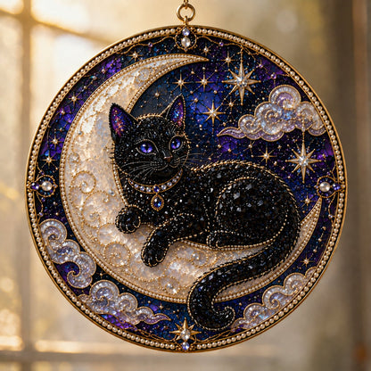 Premium 3D Pearl Celestial Black Cat Window Hanging Kit | DIY Handmade Moonlight Suncatcher Decor