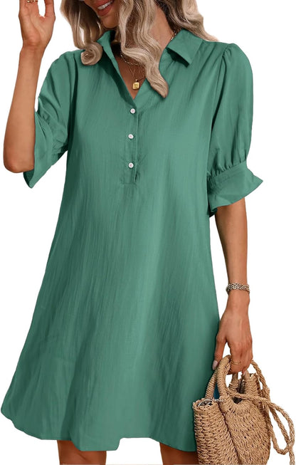 Women's Solid Ruffle Sleeve Button Down Shirt Dress (Buy 2 Free Shipping)