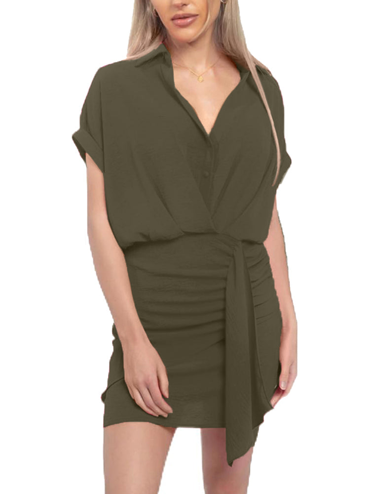 Women's V Neck Shirt Wrap Dress with Ruched Detail (Buy 2 Free Shipping)