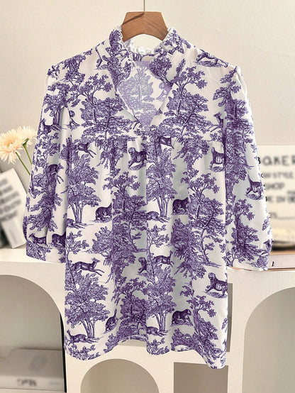 Women's V-neck Ruffle Collar Printed Shirts (Buy 2 Free Shipping)