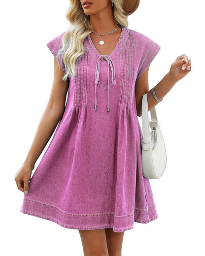 Women's V-neck Pleated Denim Dress with Pockets (Buy 2 Free Shipping)