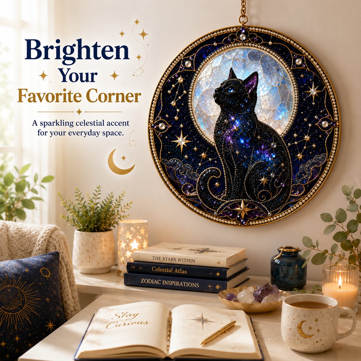 Premium 3D Pearl Celestial Black Cat Window Hanging Kit | DIY Handmade Moonlight Suncatcher Decor