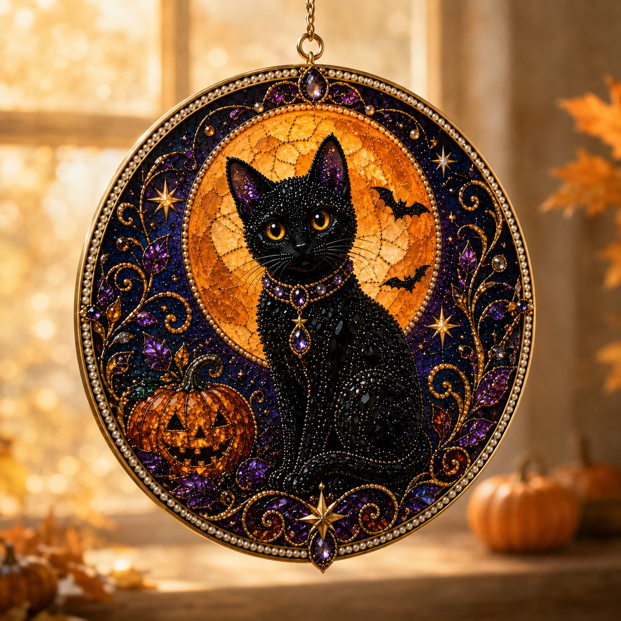 Premium 3D Pearl Celestial Black Cat Window Hanging Kit | DIY Handmade Moonlight Suncatcher Decor
