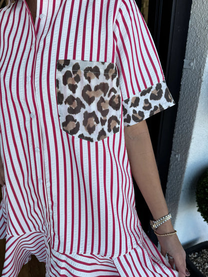 Women's Striped Animal Print Contrast Button Down Dress (Buy 2 Free Shipping)