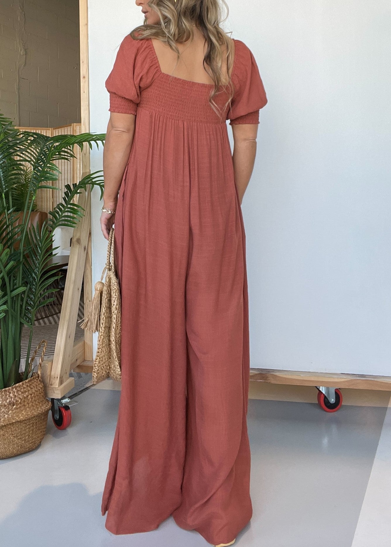 Women's Square Neckline Jumpsuit with Smocked Bodice Button (Buy 2 Free Shipping)