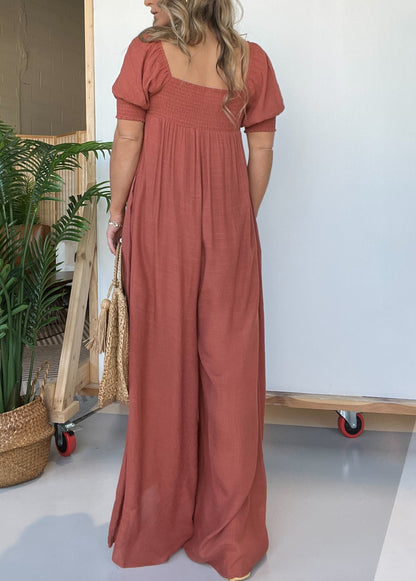 Women's Square Neckline Jumpsuit with Smocked Bodice Button (Buy 2 Free Shipping)