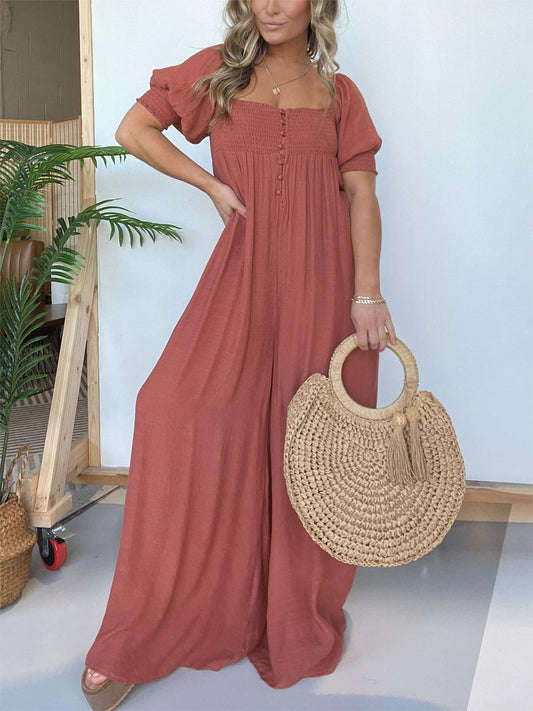 Women's Square Neckline Jumpsuit with Smocked Bodice Button (Buy 2 Free Shipping)