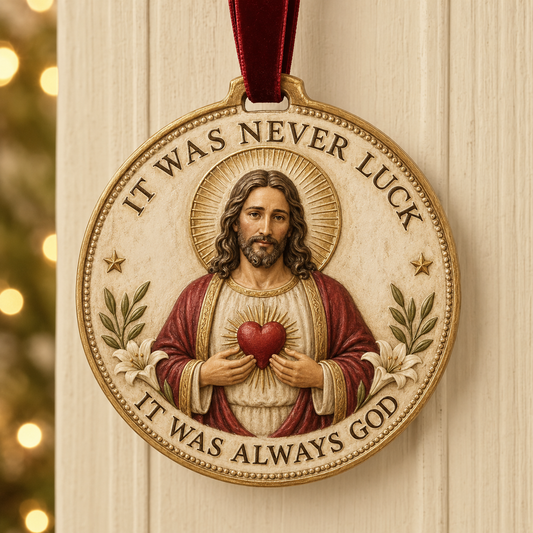 ✨ "It Was Never Luck, It Was Always God" – Vintage Sacred Heart Jesus Keepsake Ornament 🕊️