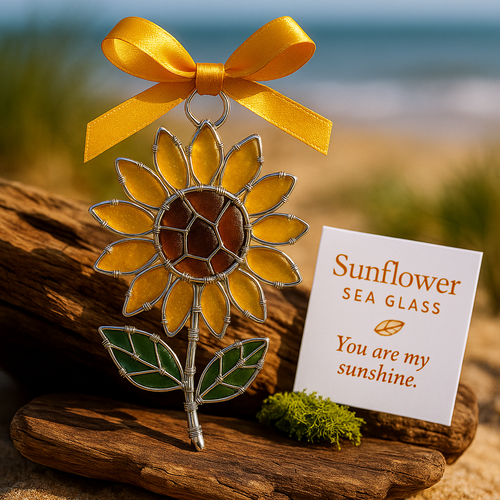The "Coastal Blooms" Collection: Handmade Sea Glass Flower Ornaments with Meaning Card
