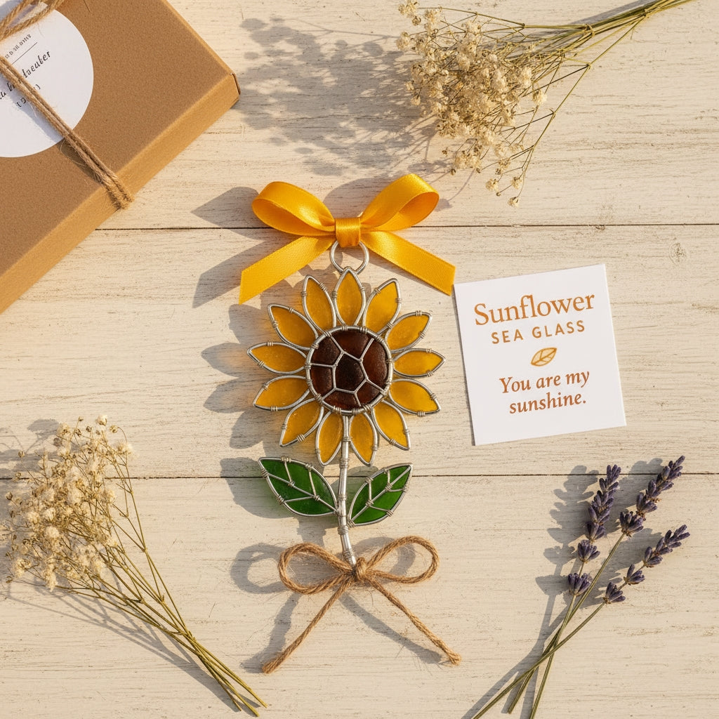 The "Coastal Blooms" Collection: Handmade Sea Glass Flower Ornaments with Meaning Card