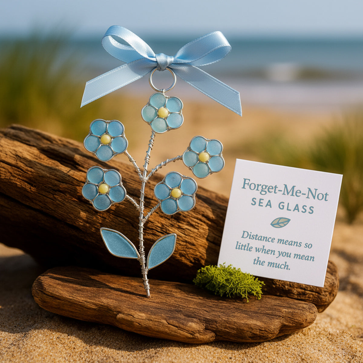 The "Coastal Blooms" Collection: Handmade Sea Glass Flower Ornaments with Meaning Card