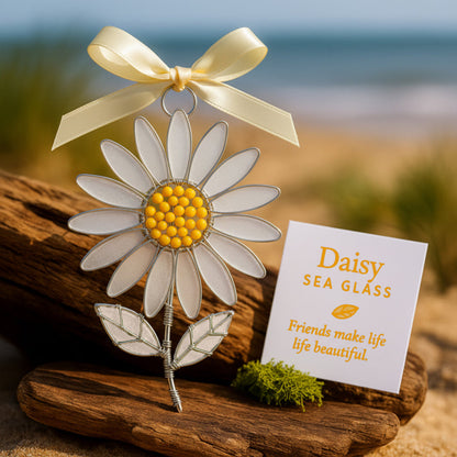 The "Coastal Blooms" Collection: Handmade Sea Glass Flower Ornaments with Meaning Card