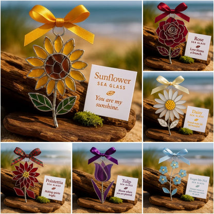 The "Coastal Blooms" Collection: Handmade Sea Glass Flower Ornaments with Meaning Card