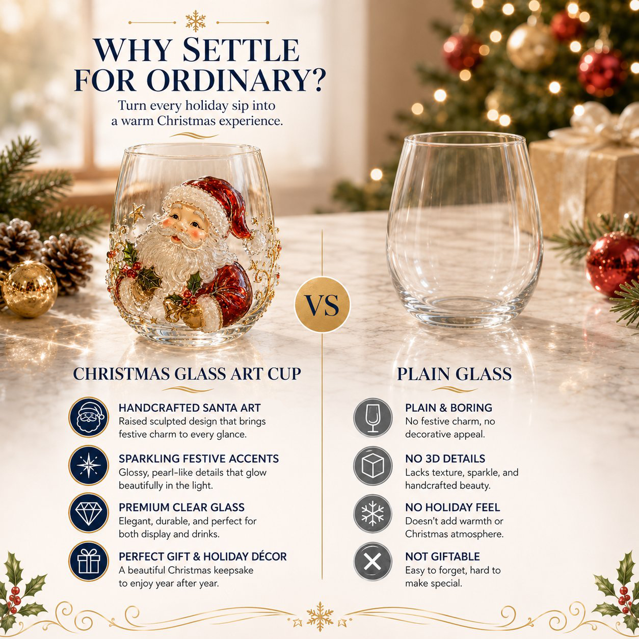 🎄🎄✨ Christmas Glass Art Cup | Luxury Raised Holiday Glassware for Drinks, Decor & Christmas Gifts 🎁