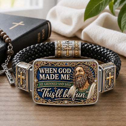 “When God Made Me, He Grinned” Christian Bracelet – Funny Jesus & Cross Braided Faith Wristband, Inspirational Religious Gift