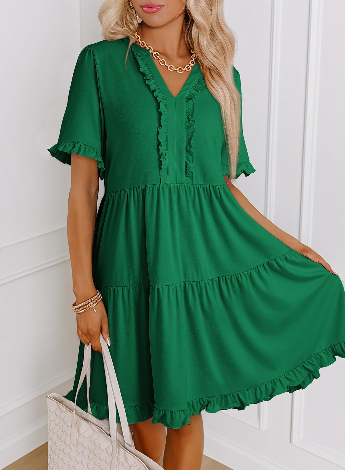 Women's V Neck Short Sleeve Casual A Line Flowy Swing Dress (Buy 2 Free Shipping)