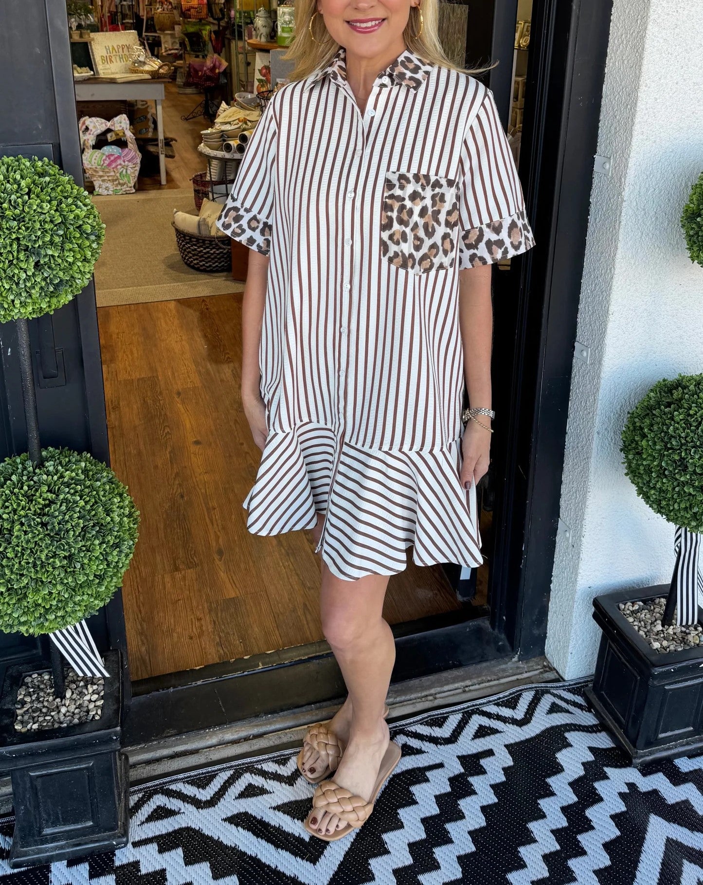 Women's Striped Animal Print Contrast Button Down Dress (Buy 2 Free Shipping)