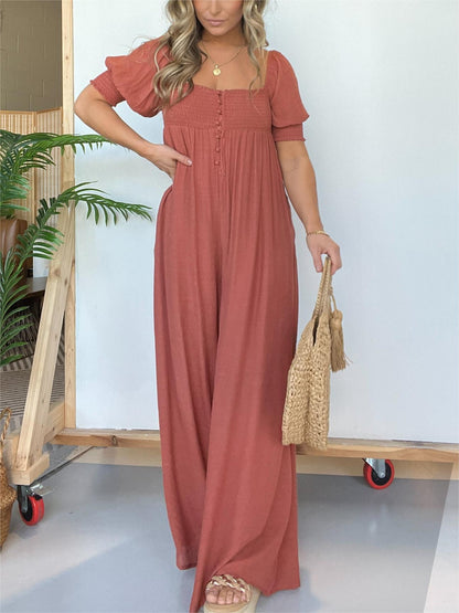 Women's Square Neckline Jumpsuit with Smocked Bodice Button (Buy 2 Free Shipping)