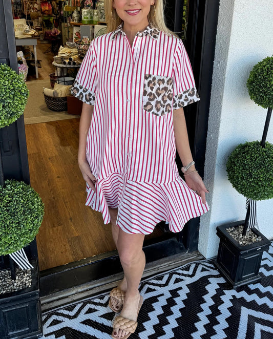 Women's Striped Animal Print Contrast Button Down Dress (Buy 2 Free Shipping)