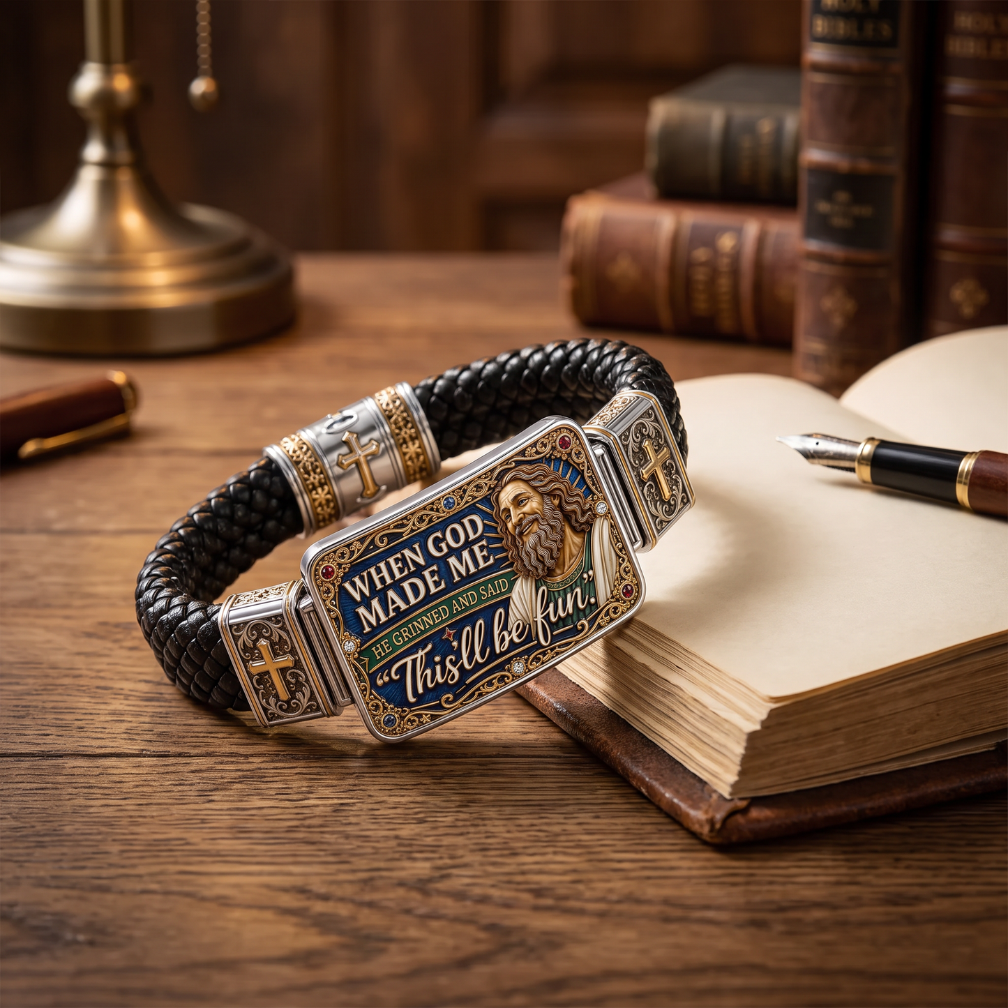 “When God Made Me, He Grinned” Christian Bracelet – Funny Jesus & Cross Braided Faith Wristband, Inspirational Religious Gift