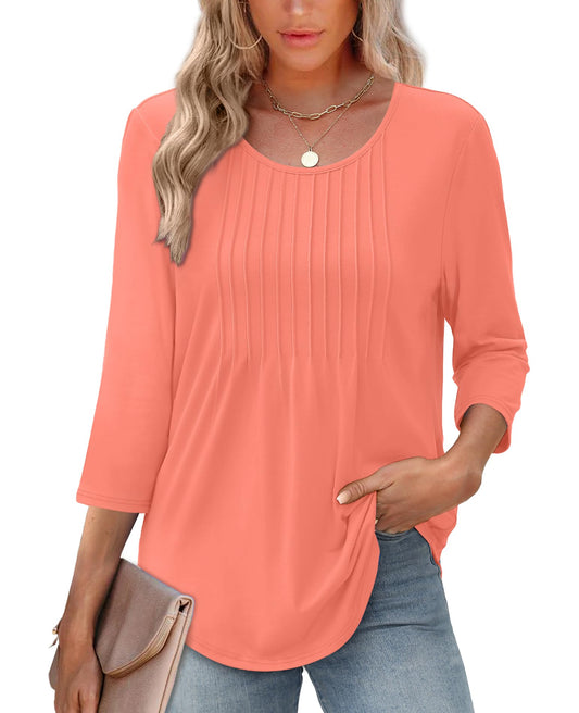 Women's 3/4 Length Sleeve Crewneck Casual Pleated Tunic Tops (Buy 3 Free Shipping)