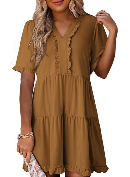 Women's V Neck Short Sleeve Casual A Line Flowy Swing Dress (Buy 2 Free Shipping)
