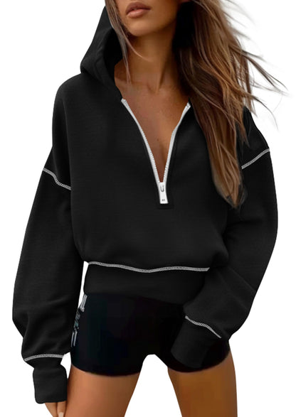 Women's Half Zip Long Sleeve Cropped Hoodie (Buy 2 Free Shipping)