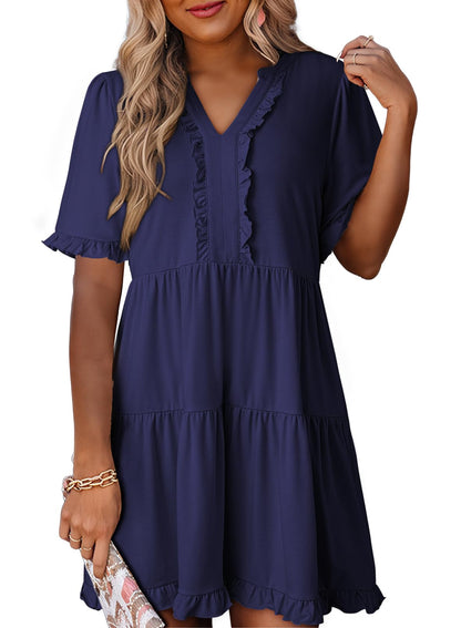 Women's V Neck Short Sleeve Casual A Line Flowy Swing Dress (Buy 2 Free Shipping)