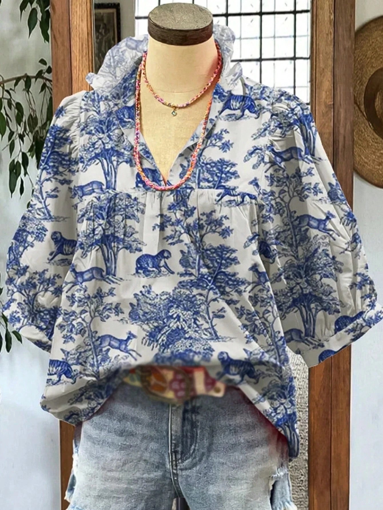 Women's V-neck Ruffle Collar Printed Shirts (Buy 2 Free Shipping)