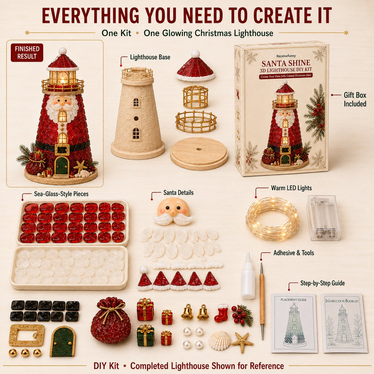 🎅 2026 Christmas Gift 50% Off--🎄Beginner-Friendly DIY Lighted Christmas Character Sea Glass-Style Lighthouse Kit Collection | Complete Kit with Sea Glass-Style Pieces, LED Lights & Step-by-Step Guide Included 💕