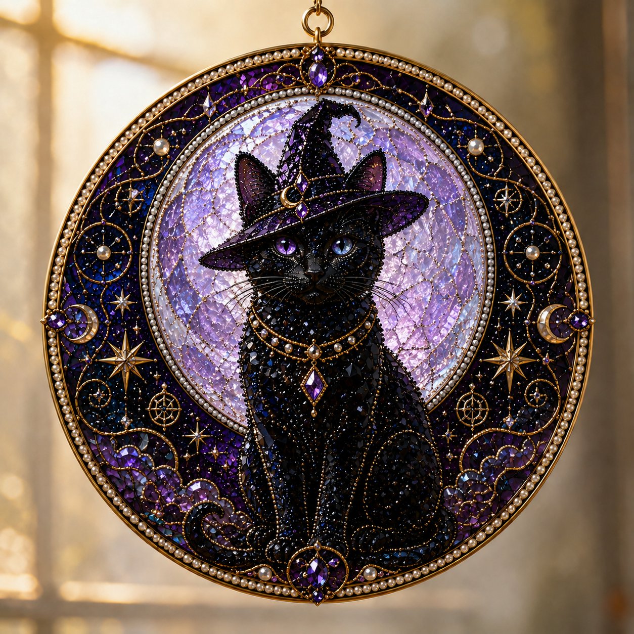 Premium 3D Pearl Celestial Black Cat Window Hanging Kit | DIY Handmade Moonlight Suncatcher Decor