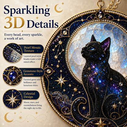 Premium 3D Pearl Celestial Black Cat Window Hanging Kit | DIY Handmade Moonlight Suncatcher Decor