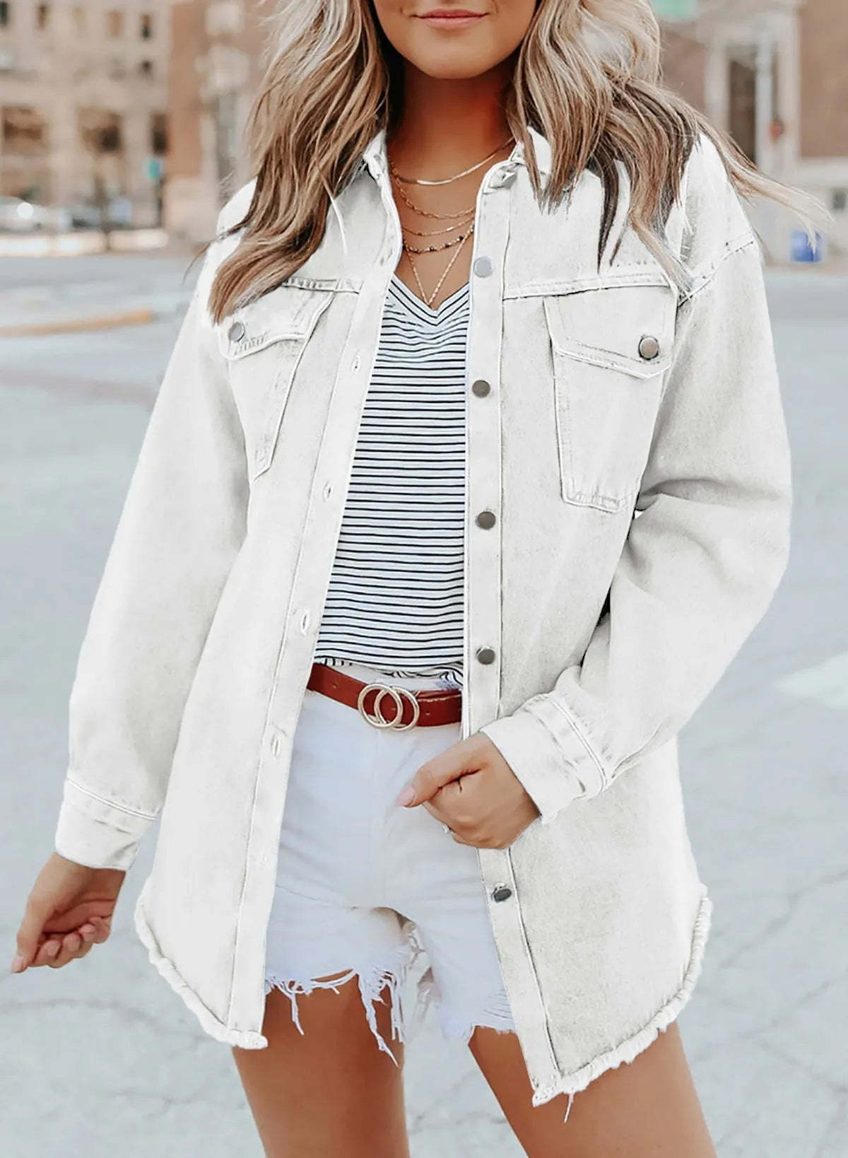 Women's Button Down Raw Edge Denim Jacket (Buy 2 Free Shipping)