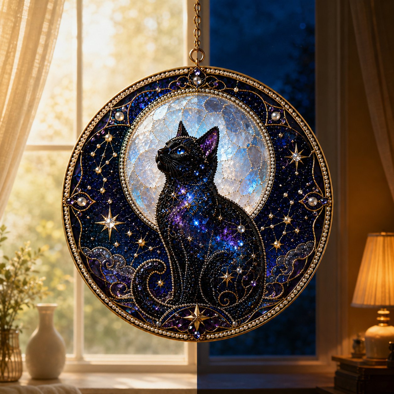 Premium 3D Pearl Celestial Black Cat Window Hanging Kit | DIY Handmade Moonlight Suncatcher Decor