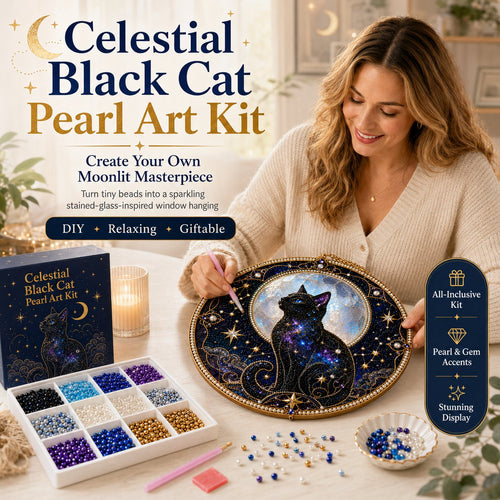 Premium 3D Pearl Celestial Black Cat Window Hanging Kit | DIY Handmade Moonlight Suncatcher Decor