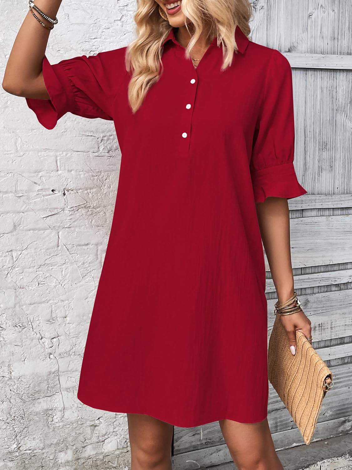Women's Solid Ruffle Sleeve Button Down Shirt Dress (Buy 2 Free Shipping)