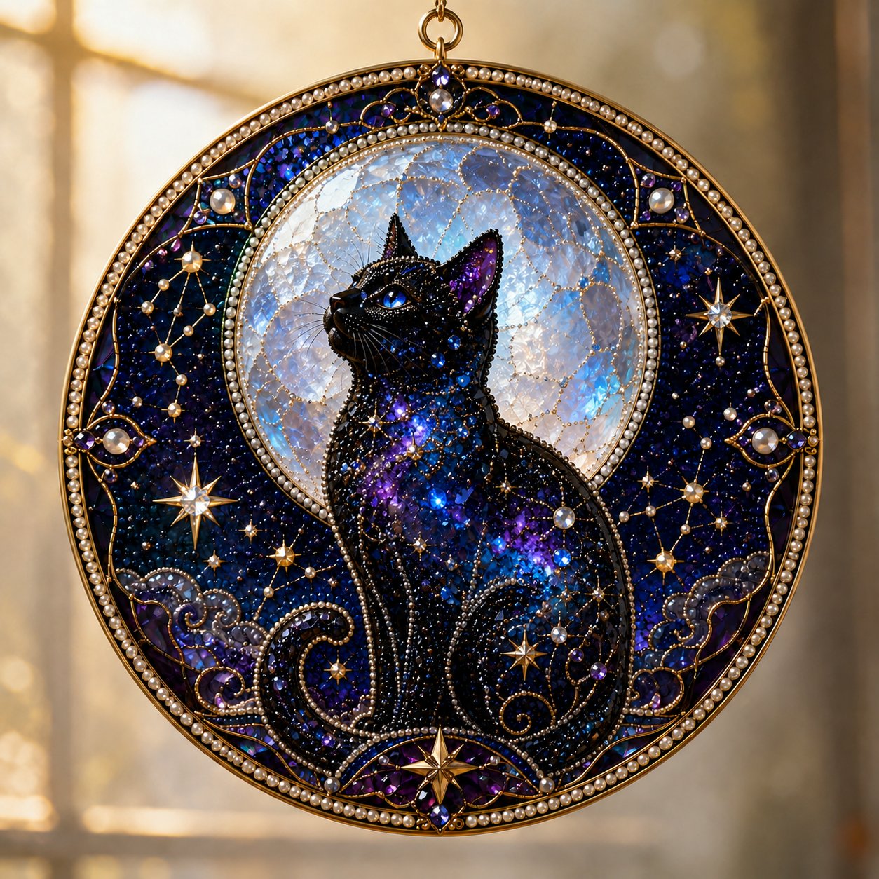 Premium 3D Pearl Celestial Black Cat Window Hanging Kit | DIY Handmade Moonlight Suncatcher Decor