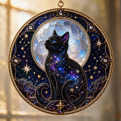 Premium 3D Pearl Celestial Black Cat Window Hanging Kit | DIY Handmade Moonlight Suncatcher Decor